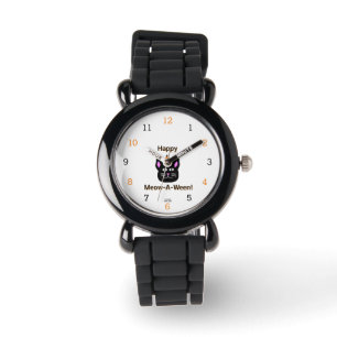 Black Cat Meow-A-Ween Kids Silver Glitter Watch