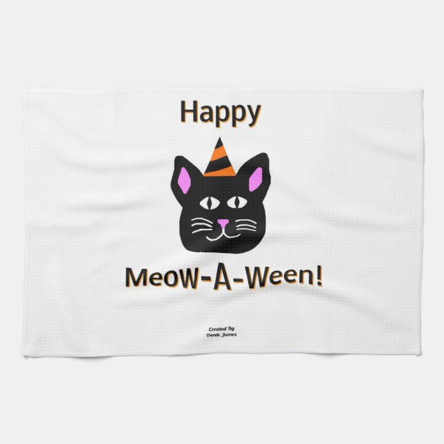 Black Cat Meow-A-Ween Kitchen Towel (Horizontal)