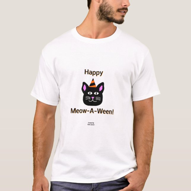 Black Cat Meow-A-Ween Men's White Basic T Shirt (Front)