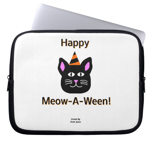 Black Cat Meow-A-Ween Neoprene Laptop Sleeve (Front)