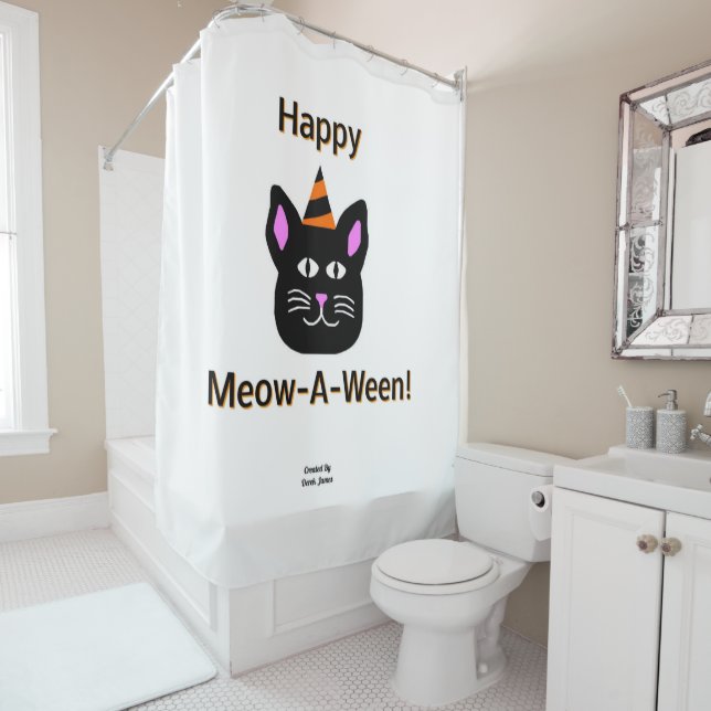 Black Cat Meow-A-Ween Shower Curtain (In Situ)
