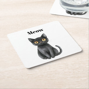 Black Cat Meow   Square Paper Coaster