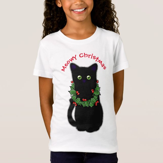 Black cat | Meowy Christmas | Holly garland T-Shirt (Front)