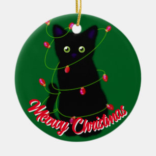 Black cat Meowy Christmas red twinkle lights  Ceramic Tree Decoration