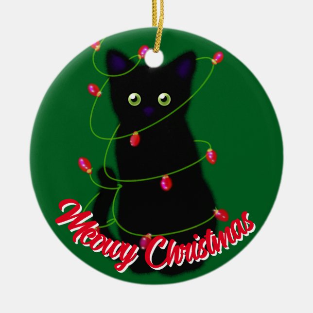 Black cat Meowy Christmas red twinkle lights  Ceramic Tree Decoration (Front)