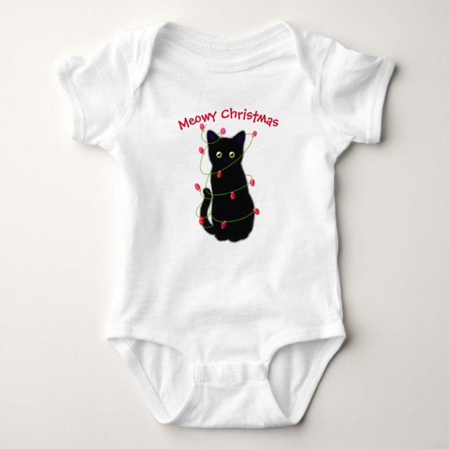 Black cat | Meowy Christmas | twinkle lights  Baby Bodysuit (Front)