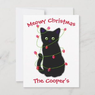Black cat Meowy Christmas twinkle lights Card