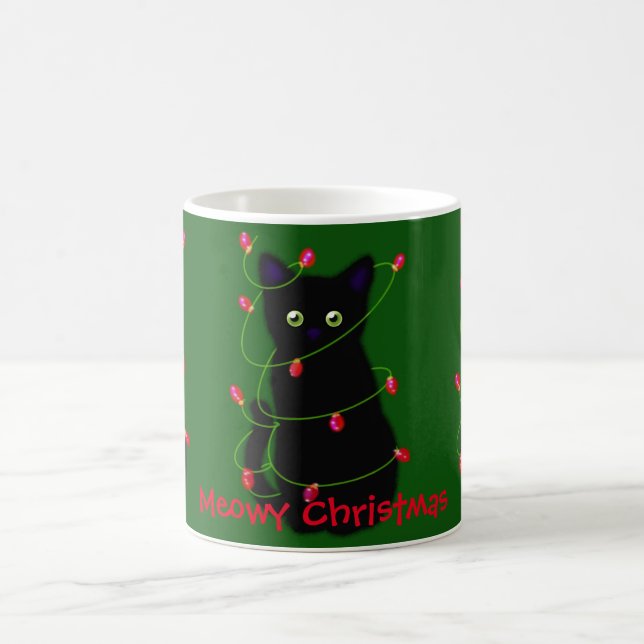 Black cat | Meowy Christmas |  twinkle lights      Coffee Mug (Center)