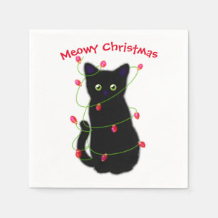 Black cat Meowy Christmas twinkle lights Napkin