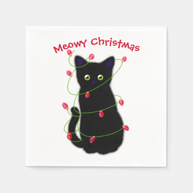 Black cat | Meowy Christmas |  twinkle lights     Napkin (Front)