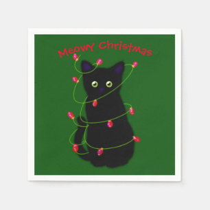 Black cat Meowy Christmas twinkle lights Napkin