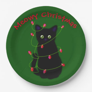 Black cat Meowy Christmas twinkle lights Paper Plate
