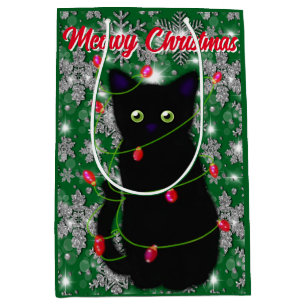 Black cat Meowy Christmas twinkle lights snowflake Medium Gift Bag