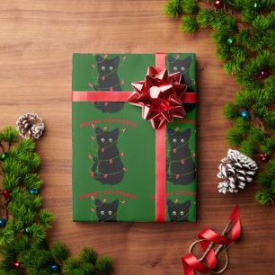 Black cat   Meowy Christmas    twinkle lights  Wra Wrapping Paper