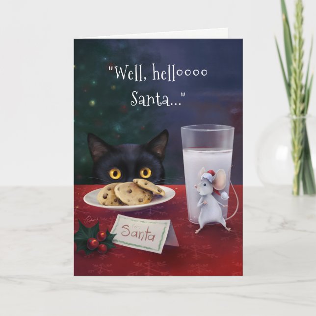 Black Cat Merry Christmas Santa Mouse Holiday Card (Front)
