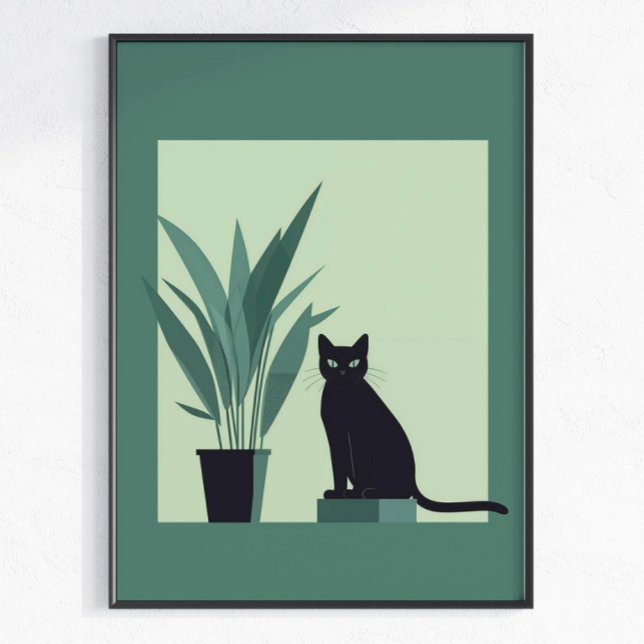 Black Cat Minimalist Wall Art Modern Green Botanic (Creator Uploaded)