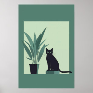Black Cat Minimalist Wall Art Modern Green Botanic