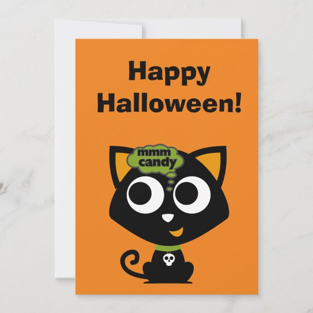 Black Cat Mmm Candy Halloween Holiday Card (Front)