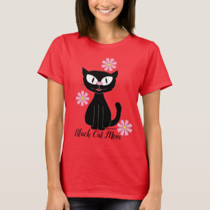 Black Cat Mom with Pretty Pink Flowers Cat Lover T-Shirt