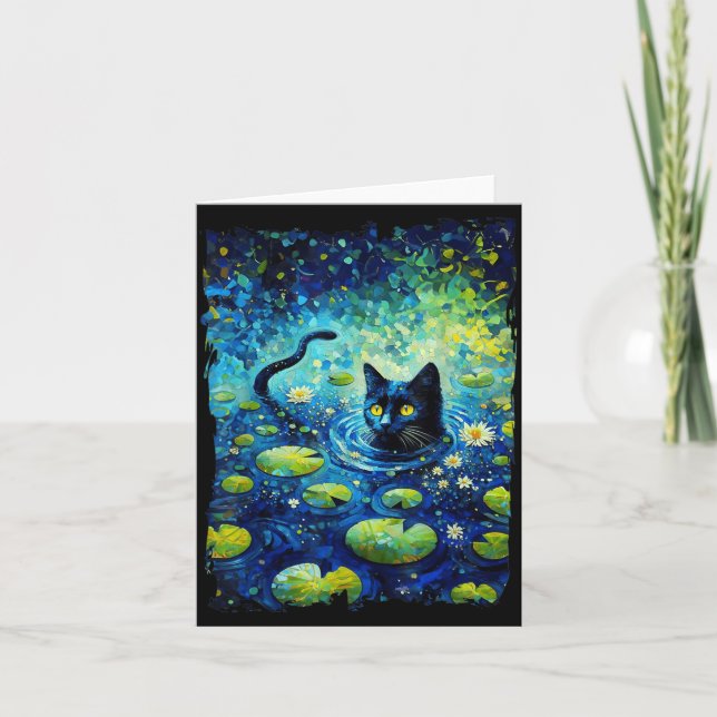 Black Cat Monets Cat Waterlily Card (Front)