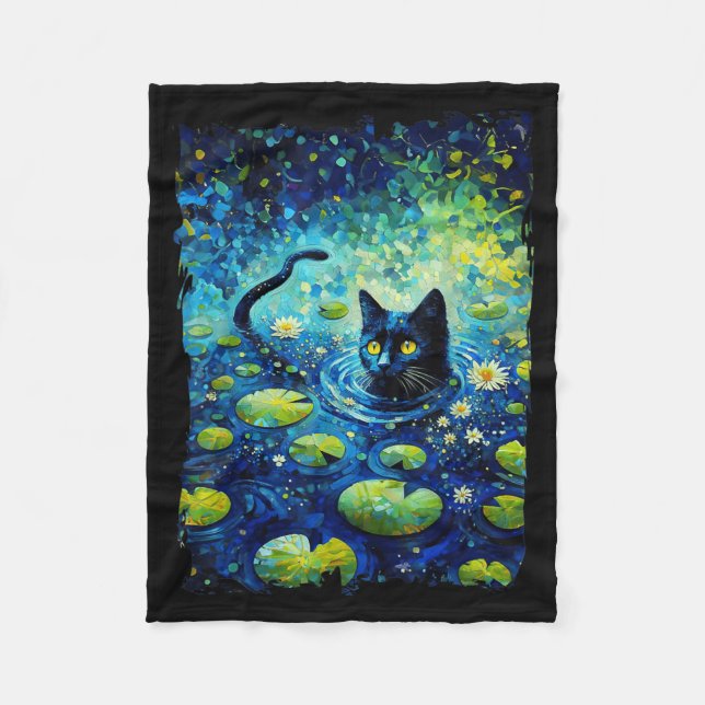 Black Cat Monets Cat Waterlily Fleece Blanket (Front)