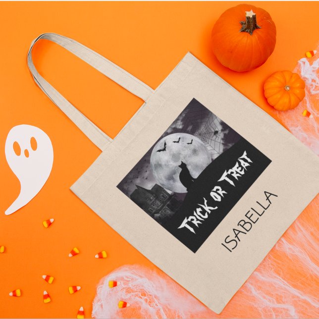 Black Cat Monogram Name Halloween Trick or Treat Tote Bag (Editable Text & Name,
Happy Halloween!)
