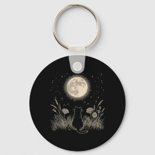 Black Cat Moon Floral Aesthetic Men Women Kitten Key Ring