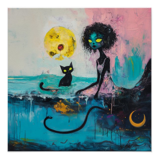 Black Cat Moon Magical Witchy AI Art Matte Value Poster (Front)