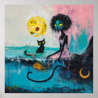 Black Cat Moon Magical Witchy AI Art Semi-Gloss
