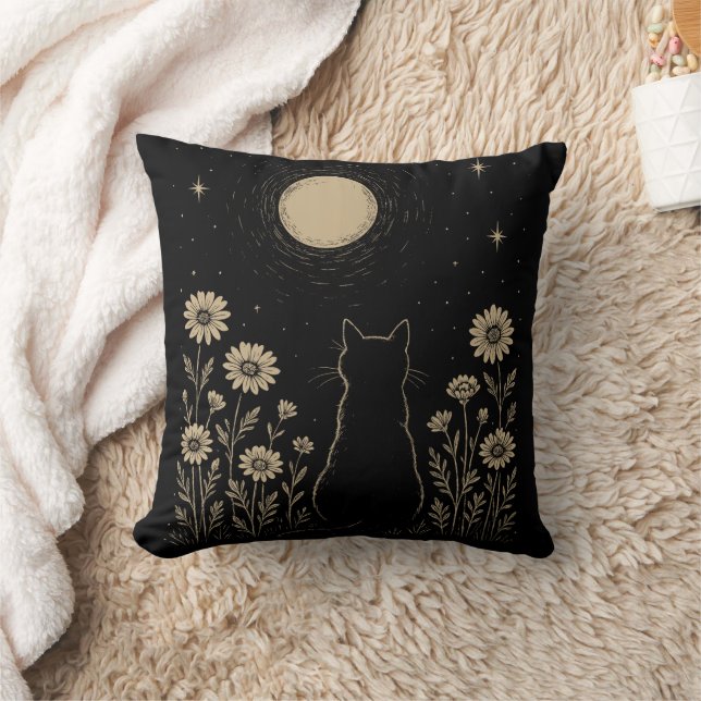 Black Cat Moon Minimalist Wildflower  Cushion (Blanket)