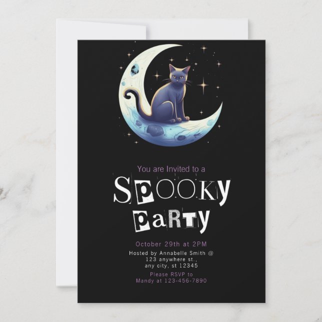 Black Cat Moon Modern Minimalist Halloween Invitation (Front)