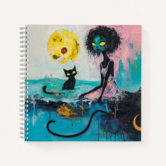 Black Cat Moon Ocean Pink Magical Witchy AI Art Notebook