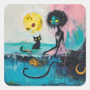 Black Cat Moon Ocean Pink Magical Witchy AI Art Square Sticker