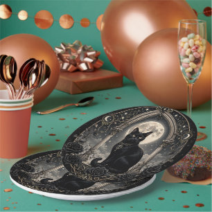 Black Cat Moonlit Gothic Celestial Dark Romance Paper Plate