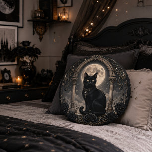 Black Cat Moonlit Gothic Celestial Dark Romance Round Cushion