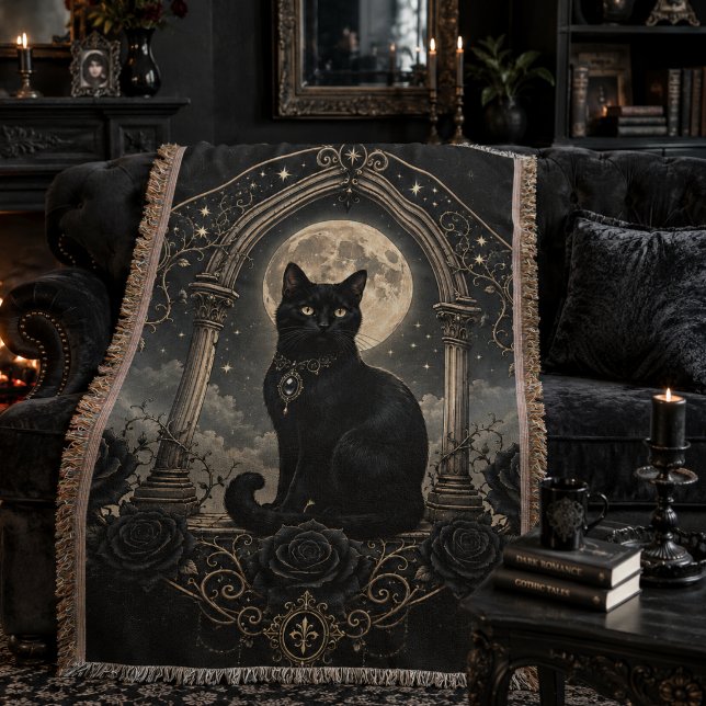 Black Cat Moonlit Gothic Celestial Dark Romance Throw Blanket (Creator Uploaded)