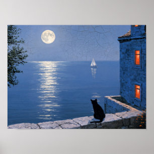 Black Cat Moonlit Sea Painting Poster