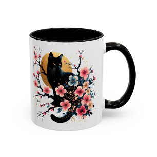 Black Cat Mug Cherry Blossom Floral Gift