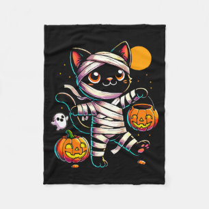 Black Cat Mummy Halloween Pumpkin Fleece Blanket