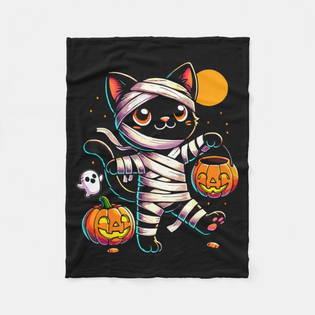 Black Cat Mummy Halloween Pumpkin Fleece Blanket (Front)