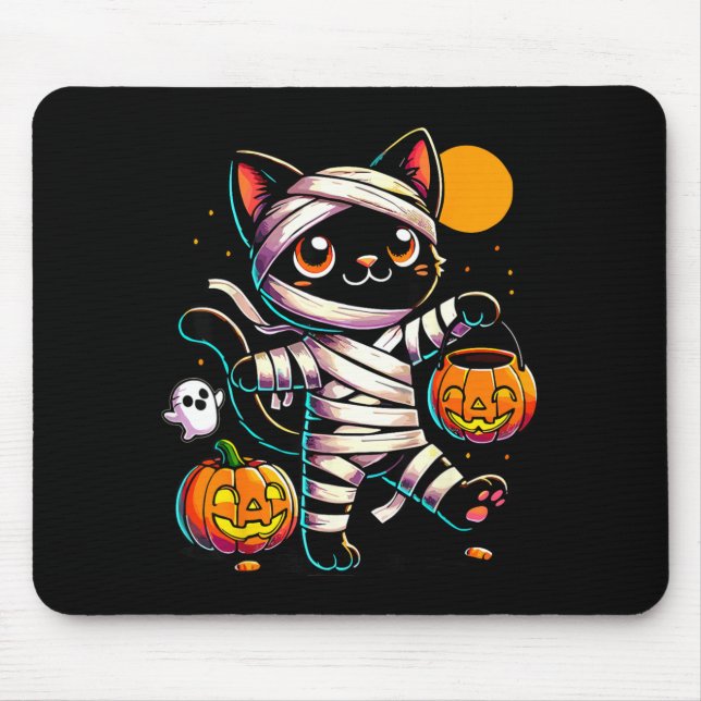 Black Cat Mummy Halloween Pumpkin Mouse Pad (Front)