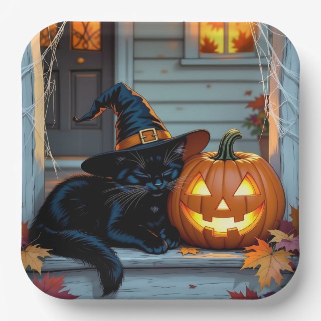 Black Cat Napping on Pumpkin Halloween  Paper Plate (Front)