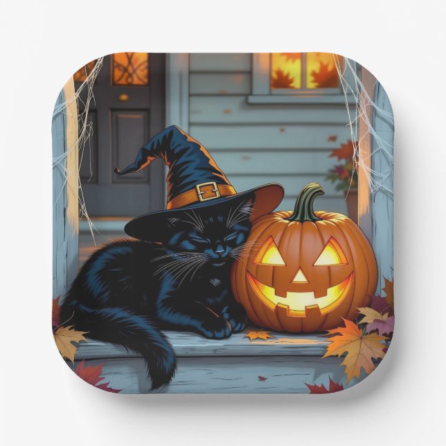 Black Cat Napping on Pumpkin Halloween  Paper Plate (Front)