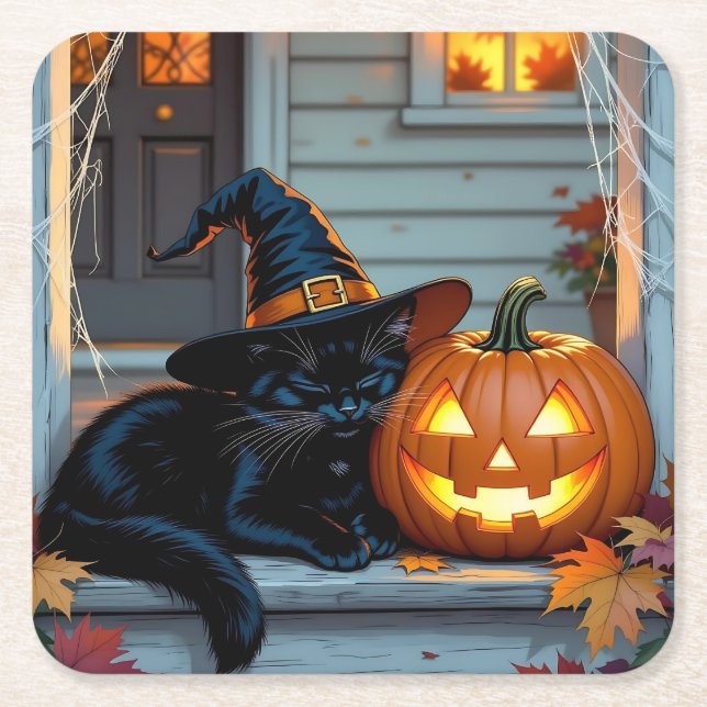 Black Cat Napping on Pumpkin Halloween  Square Paper Coaster (Front)