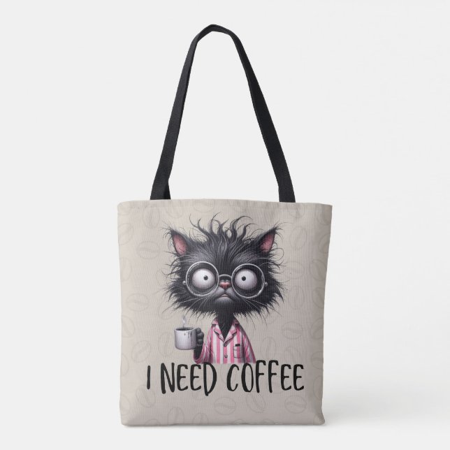 Black Cat Need Coffee Tote Bag (Back)