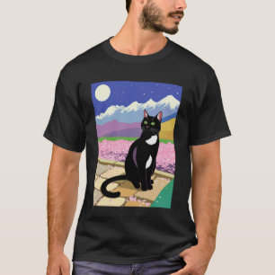 Black Cat Night Scene Cherry Blossom Moon Mountain T-Shirt