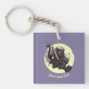 Black Cat Ninja Katana Swords Flying Kick Cartoon Key Ring