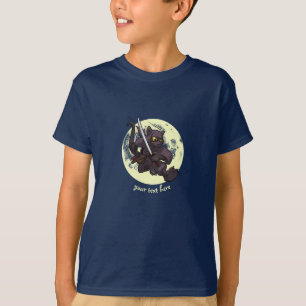 Black Cat Ninja Katana Swords Flying Kick Cartoon T-Shirt