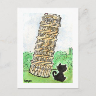 Black cat Noir Chat Leaning Tower of Pisa Art Postcard