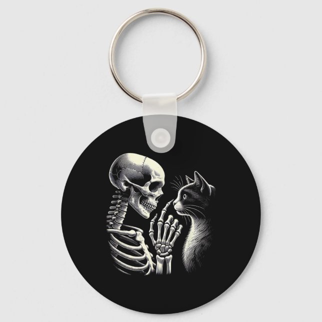 Black Cat Nose Skeleton Hand Funny Halloween Cat L Key Ring (Front)